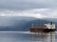 A container ship sailing up the Columbia river with rain clouds in behind it.